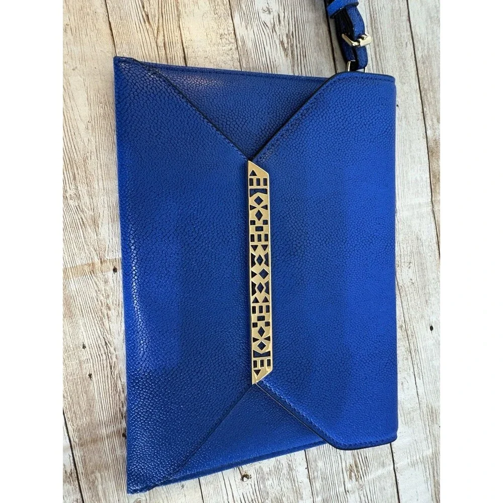Stella & Dot Avalon Envelope Clutch - Cobalt Blue Pebbled Leather Gold Hardware